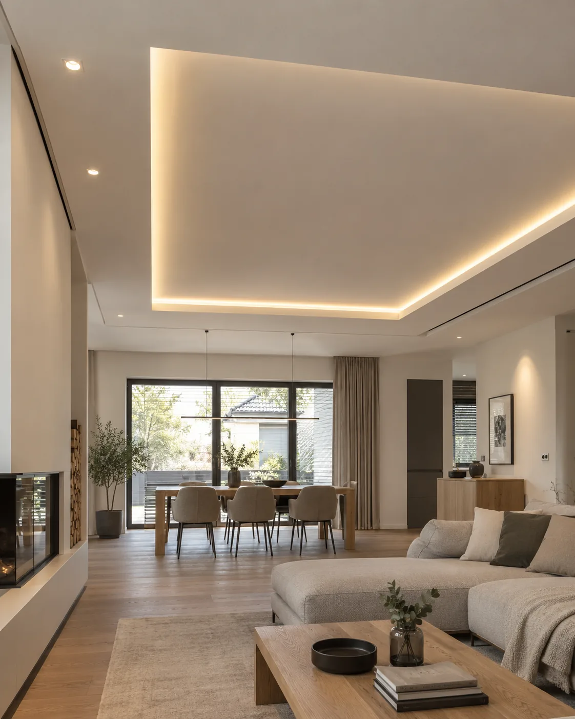 Offener Wohn- und Essbereich mit großem abgehängtem Deckenfeld, umlaufend mit einer Lichtvoute in warmem Licht hinterlegt, dazu bündig eingelassene Downlights.